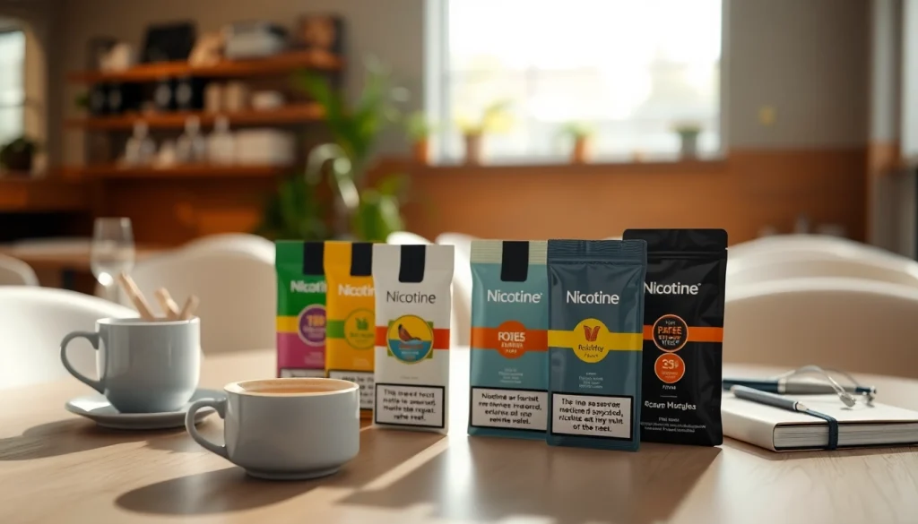 Evaluate what are nicotine pouches with an artistic display of product varieties and a coffee ambiance.