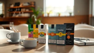 Evaluate what are nicotine pouches with an artistic display of product varieties and a coffee ambiance.
