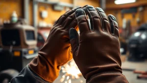 Inspecting high-quality welding gloves displaying features like heat resistance and durability.