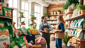 Shop offering organic pet supplies near me, featuring a welcoming atmosphere and engaged customers.