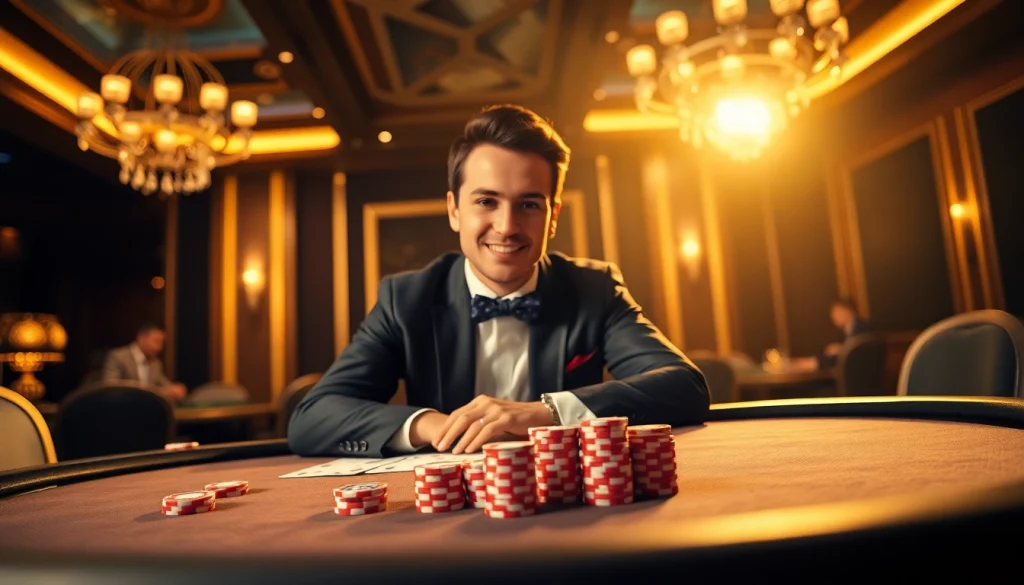 Experience evolution gaming through a professional dealer at an elegant casino table.