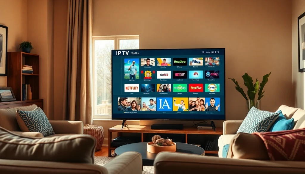 Experience IPTV Subscription in a modern living room setup, showcasing vibrant streaming options.