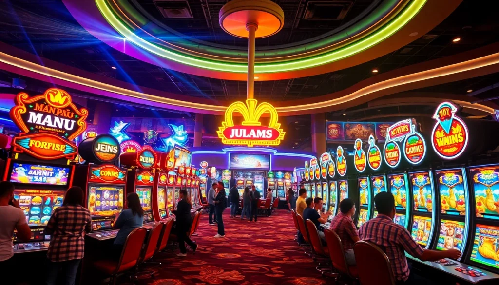Players enjoying JILI Games slots in a vibrant casino filled with colorful machines.