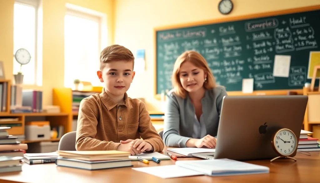 Child engaged in 11 plus tuition with a tutor in a bright classroom setting.