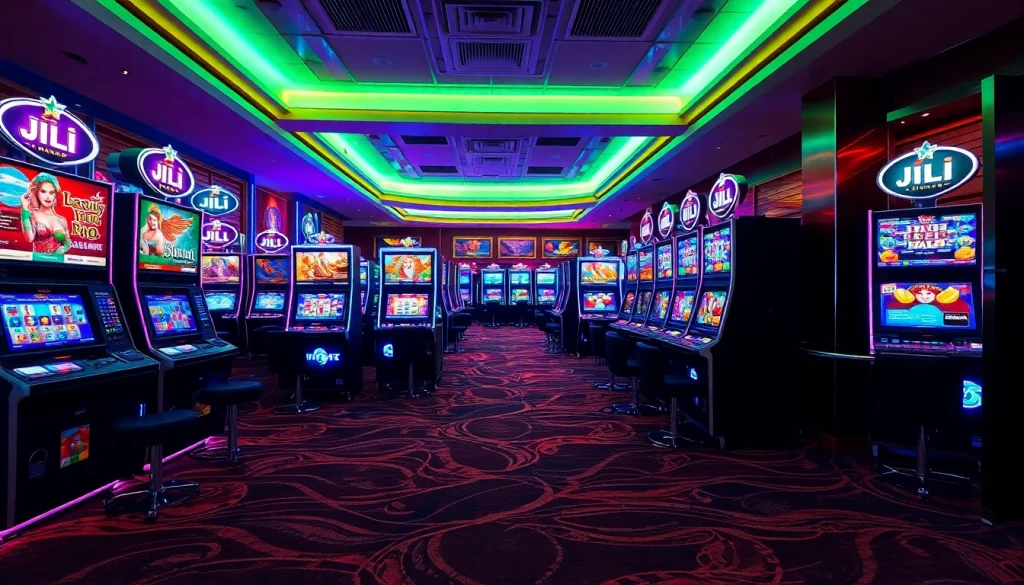 Experience thrilling JILI slot machines in a vibrant casino setting, illuminated with neon lights.