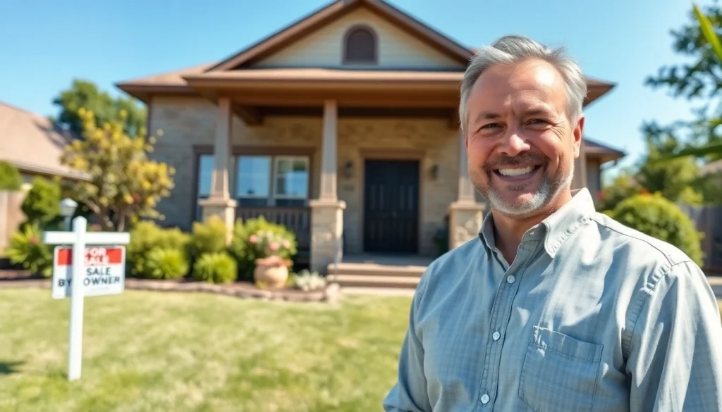 Smiling homeowner in front of house showcasing how to sell my house no realtor Little Rock, AR.