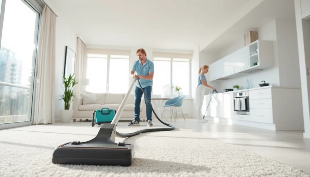 Bond cleaning Logan professionals efficiently cleaning an apartment's carpet and kitchen surfaces.