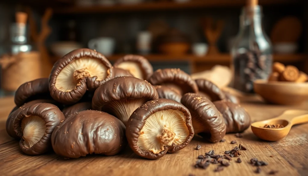 Showcase of chocolate mushrooms showcasing rich textures and inviting colors on a rustic wooden table.