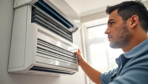 Delivering expert Los Angeles HVAC services, a technician inspects an air conditioner at a modern home.