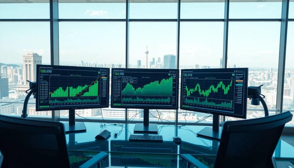 Engage with AI trading tools, showcasing charts and data in a modern office.