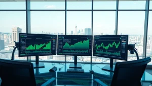 Engage with AI trading tools, showcasing charts and data in a modern office.