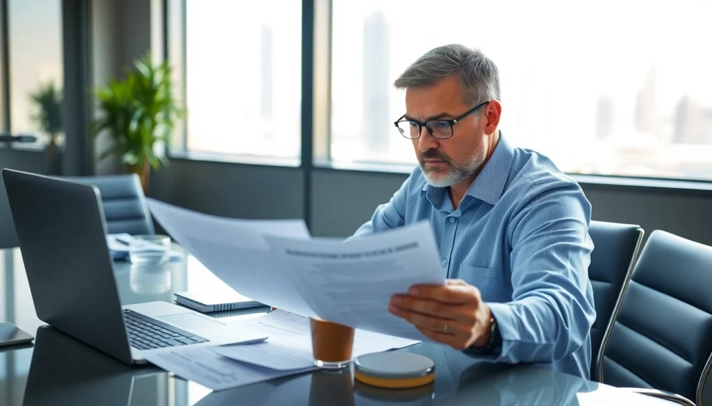 Man reviewing documents related to ejari cancellation​ in a modern Dubai office.