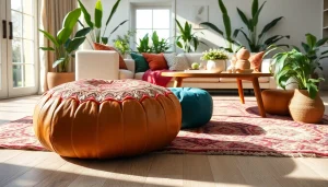 Experience vibrant Moroccan Leather Poufs and Ottomans in a cozy living room setting decorated with traditional elements.