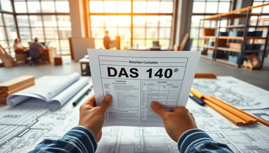 DAS 140 form review by a contractor in a professional office setting.