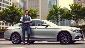 Car services showcased by a professional driver next to a luxury vehicle in an urban environment.