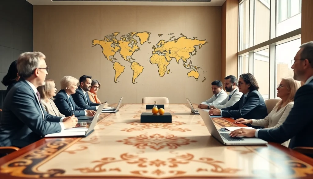 Illustration of diplomats discussing trade agreements in a modern setting, highlighting international collaboration.