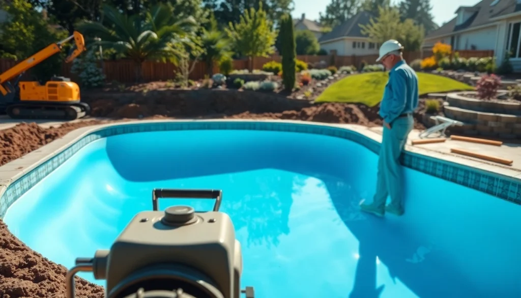 Highlighting pool construction with a contractor overseeing the excavation process and landscaping.
