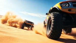 Baja race trophy truck soaring over dunes, showcasing thrilling off-road action.