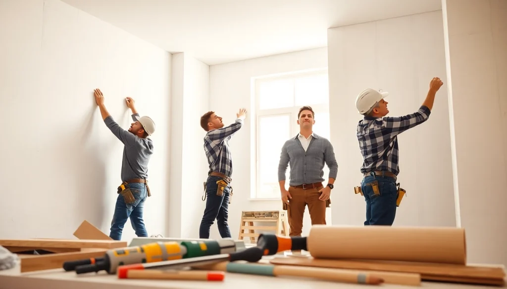 Drywall contractors installing drywall in a well-lit home environment.