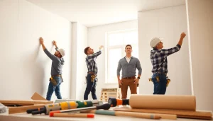 Drywall contractors installing drywall in a well-lit home environment.
