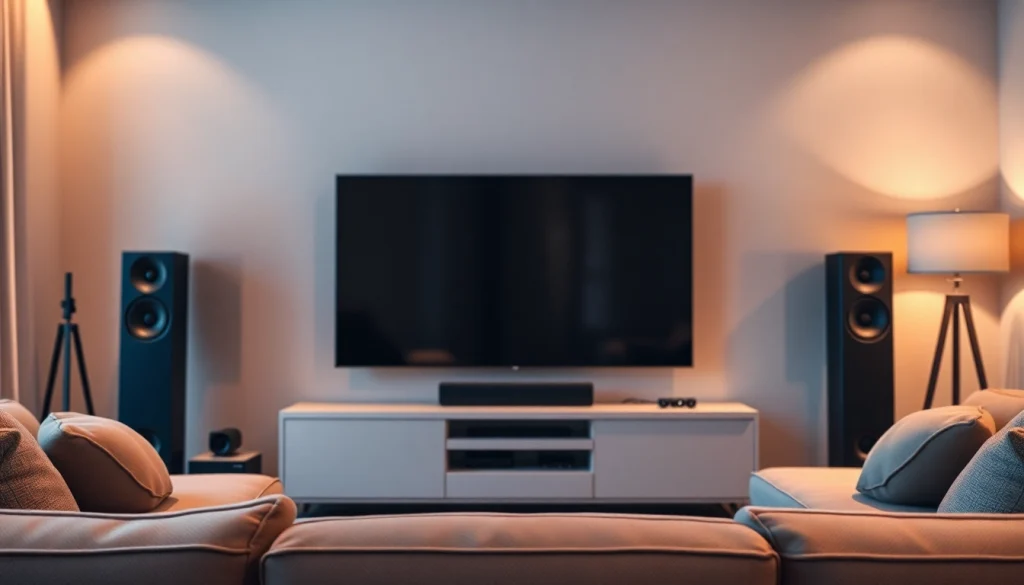 Experience top-tier home audio installation near me with stylish speakers and modern design in a cozy living room.