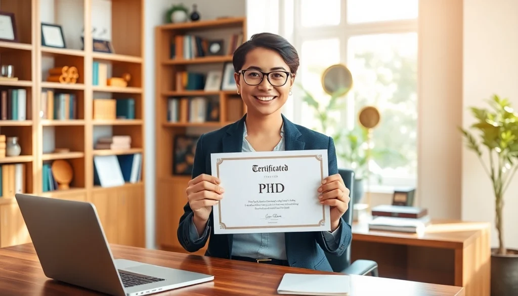 Explore where to buy PhD degree with a professional holding a diploma in an inspiring office.