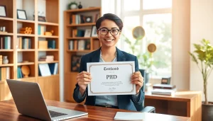 Explore where to buy PhD degree with a professional holding a diploma in an inspiring office.