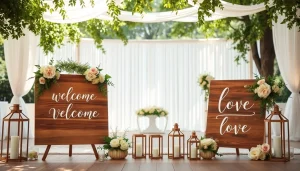 Showcase stunning custom wedding signs with floral accents, warm sunlight, and an elegant outdoor setting.