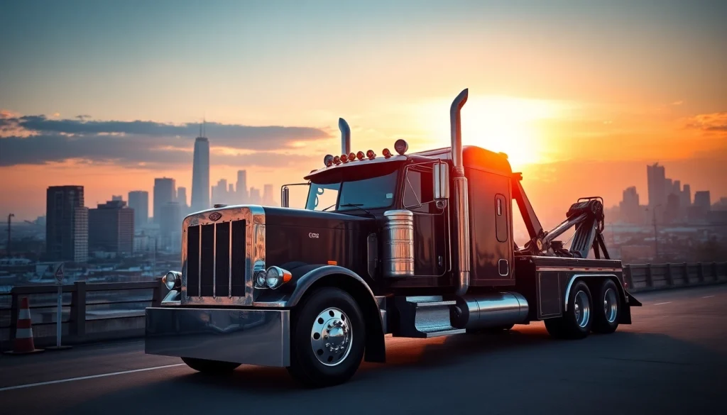 Heavy duty big rig tow truck ready for action in an industrial setting.