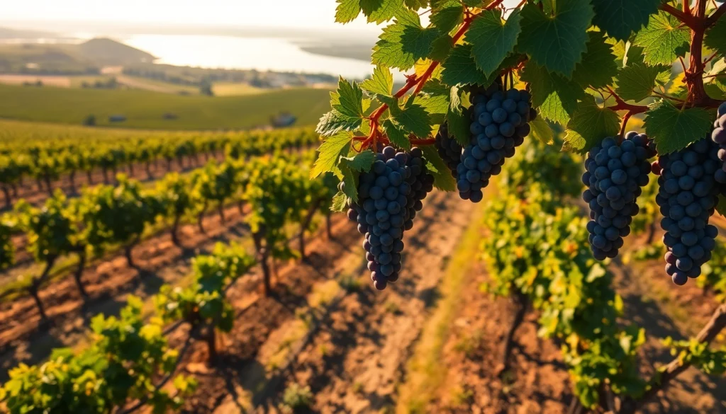 Experience Clarksburg's vineyards through rich landscapes featuring ripe grapes and scenic views.