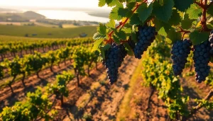 Experience Clarksburg's vineyards through rich landscapes featuring ripe grapes and scenic views.