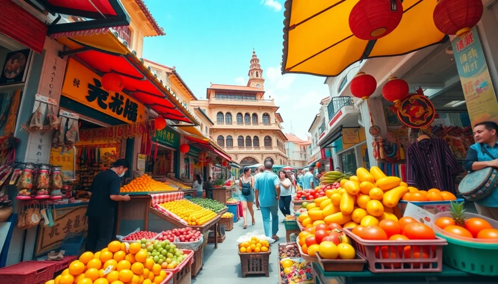 Hasil macau yang beragam dalam suasana pasar yang ramai, memperlihatkan makanan lokal dan kerajinan.