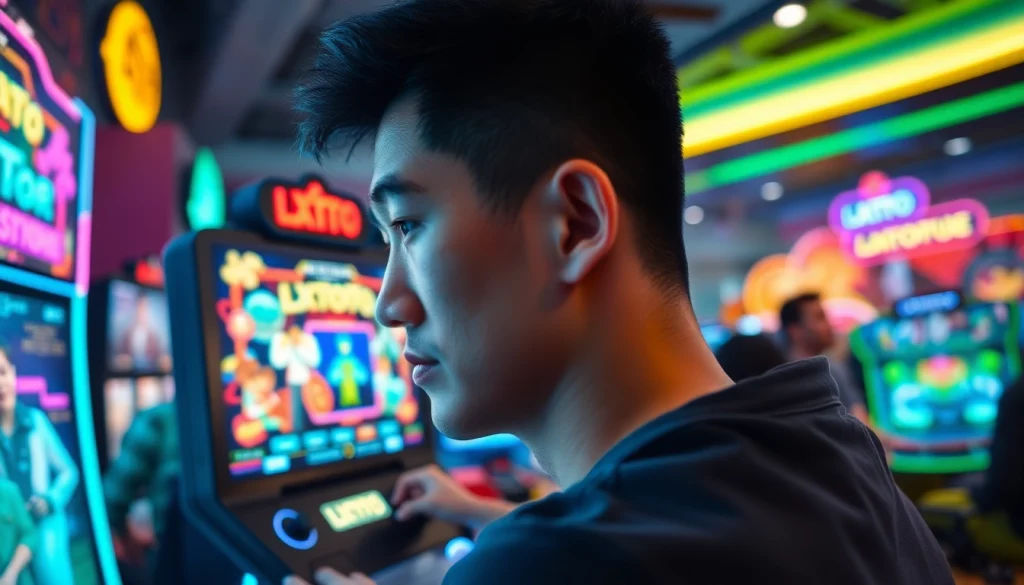 Berinteraksi dengan permainan LXTOTO yang mendebarkan di lingkungan permainan yang penuh energi.