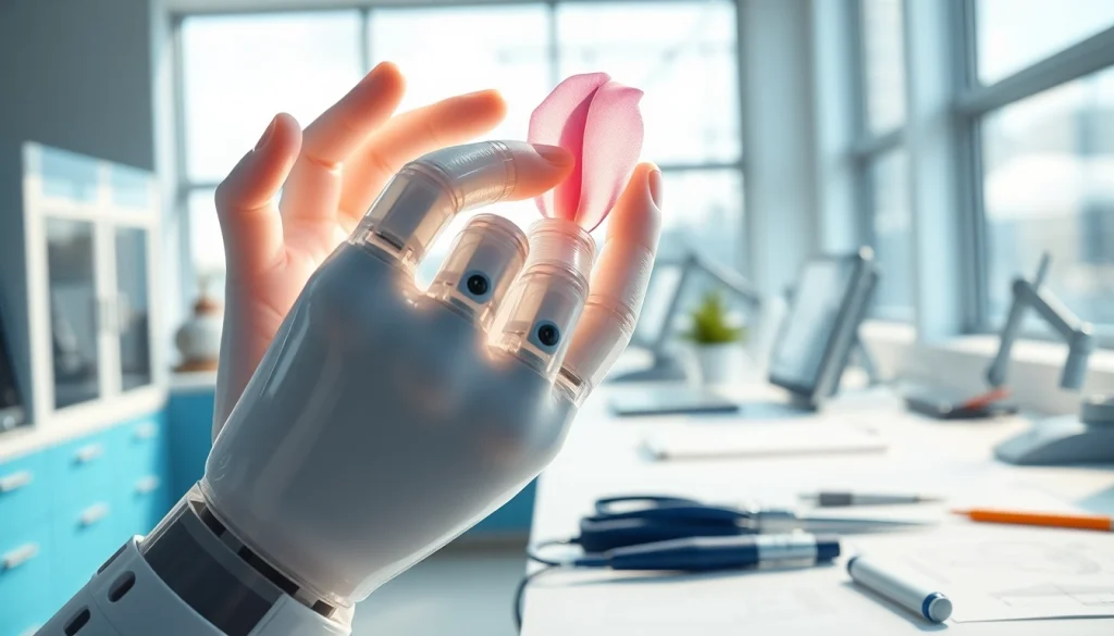 Soft gripper gently lifting a flower petal in a professional lab environment.