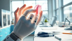 Soft gripper gently lifting a flower petal in a professional lab environment.