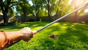 Efficiently clean up dog poop in a tidy backyard with a pooper scooper under bright sunlight.