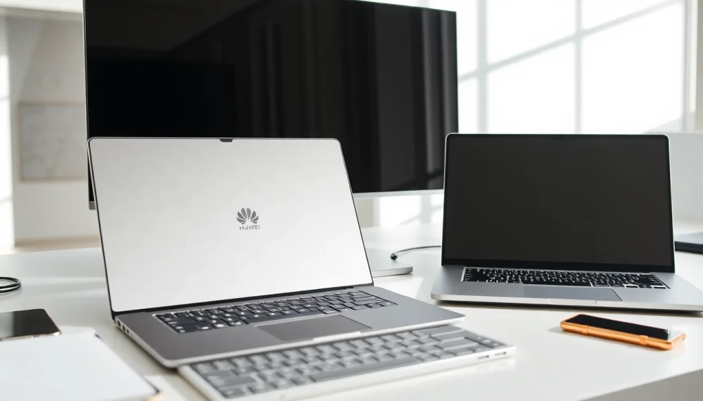 Revisa los laptops huawei en un moderno espacio de trabajo con un diseño elegante y profesional.