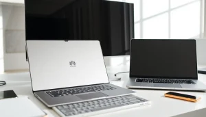Revisa los laptops huawei en un moderno espacio de trabajo con un diseño elegante y profesional.