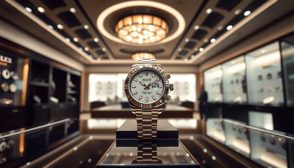 Sell luxury watch in a sophisticated showroom showcasing premium timepieces.
