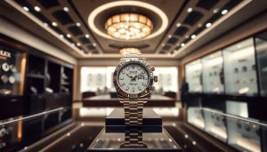 Sell luxury watch in a sophisticated showroom showcasing premium timepieces.