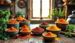 Vibrant arrangement of oriental spices in ceramic bowls on a rustic wooden table.