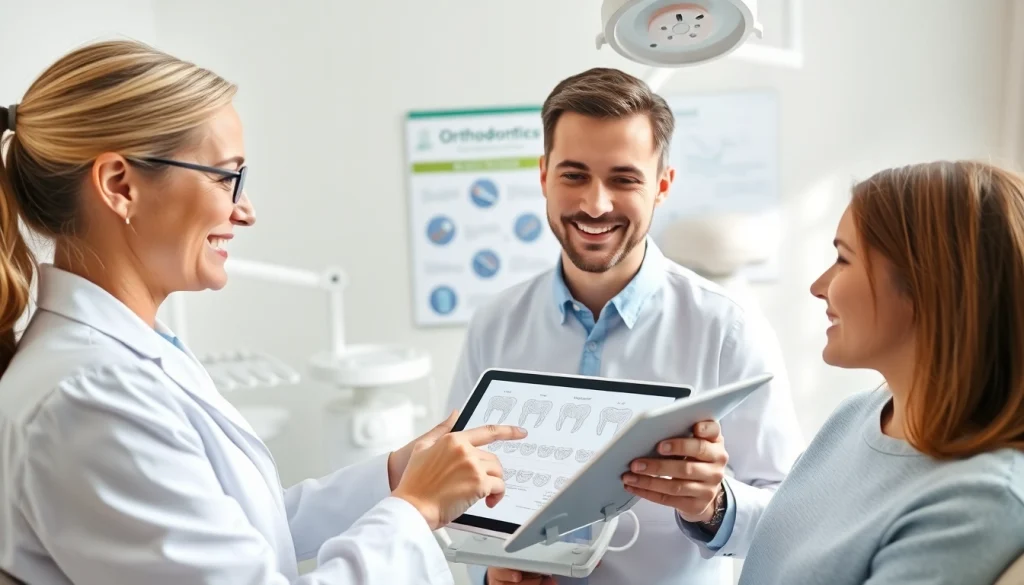 Orthodontics consultation with an expert and a patient in a modern office setting.