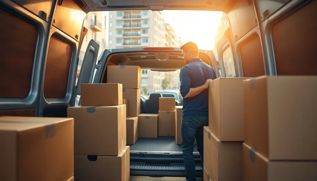 Efficient Man and van Moving service showcased with professionals packing a van in an urban setting.