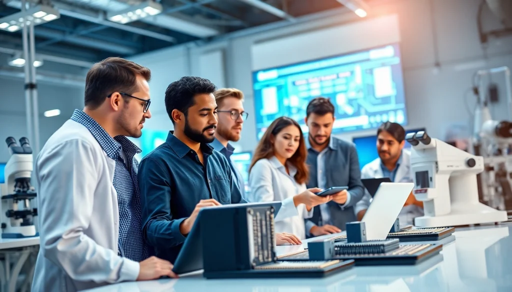 Engineers discussing American microchips in a modern laboratory setting.