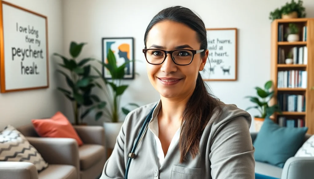 Engaging attachment theory specialist in a calming therapy setting, showcasing warmth and professionalism.