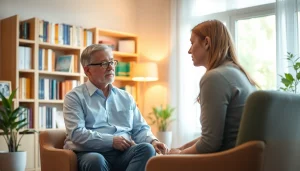 Engaging psychotherapy for bipolar disorder session in a calming therapy room.