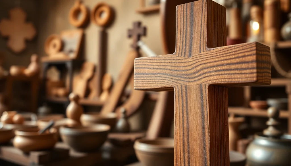 Handmade crosses featuring intricate olive wood craftsmanship against a warm background.