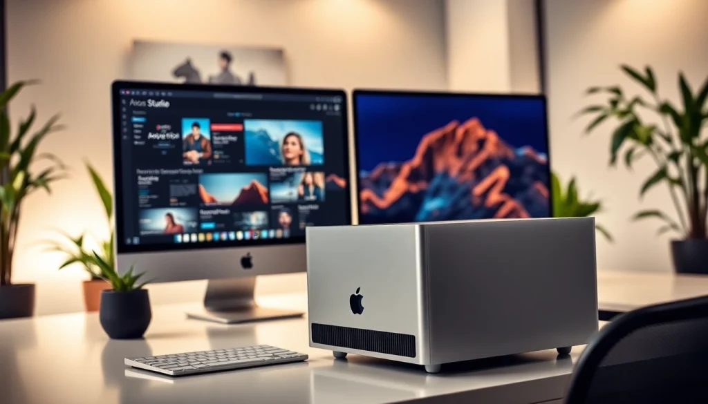 Buy MacStudio Ultra showcased prominently in a modern office setup with elegant design.