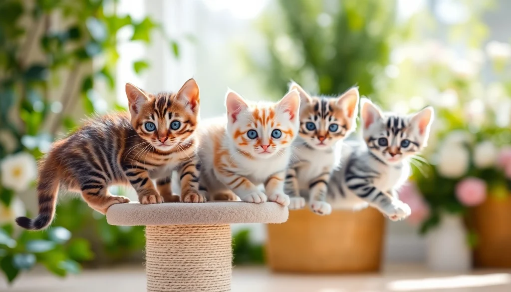 Adopt adorable Bengal Kittens for Sale, featuring diverse colors in a warm garden setting.