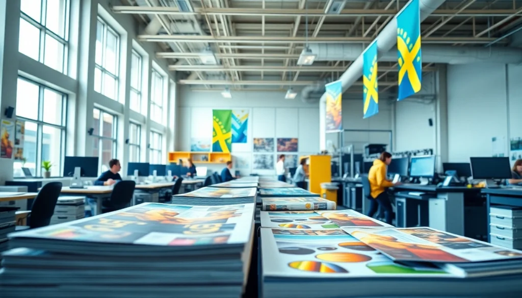 Interior of an edmonton print shop showcasing vibrant printed materials and a creative atmosphere.
